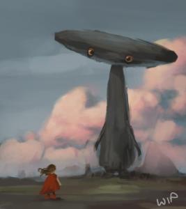 The giant and the girl in red dress