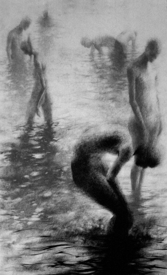 Haunting Figure Drawing Gothic Moody Dark Shadow Crayon Wading Water Fog Fine Art